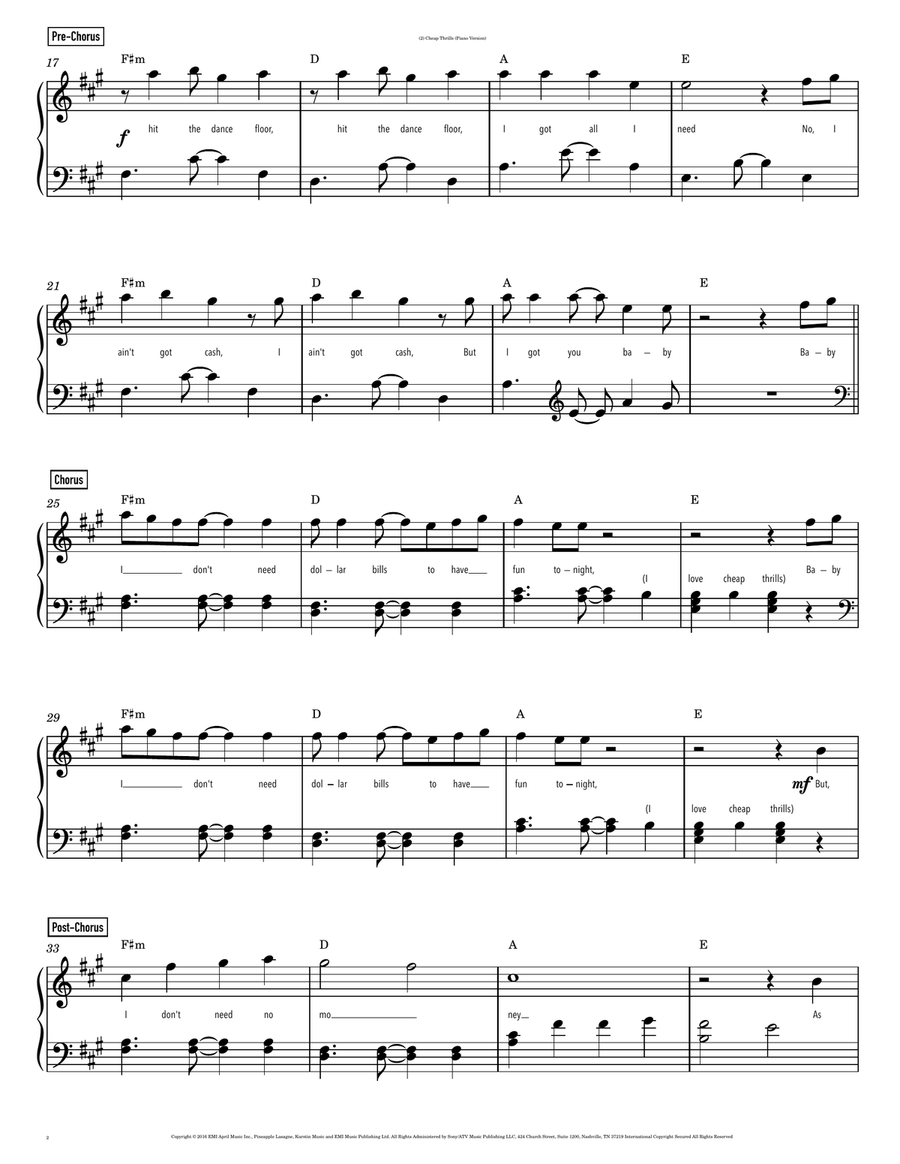 Cheap Thrills (Feat. Sean Paul) Easy Piano scores gallery preview page 2