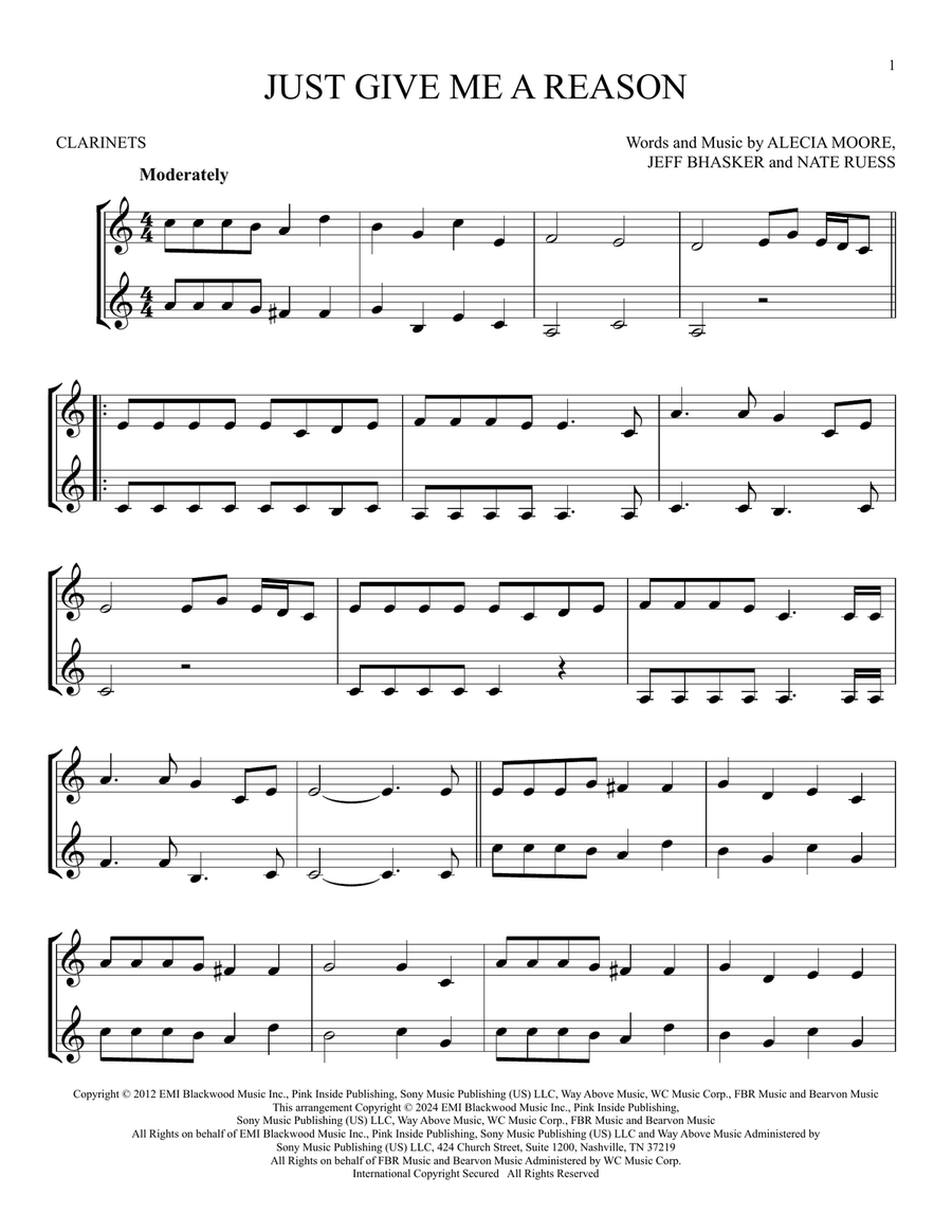 Just Give Me A Reason (feat. Nate Ruess) Clarinet Duet scores gallery preview page 1