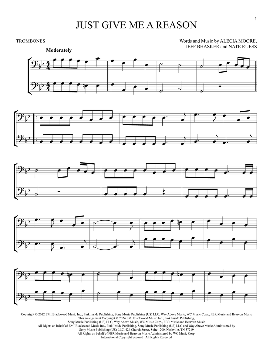 Just Give Me A Reason (feat. Nate Ruess) Trombone Duet scores gallery preview page 1