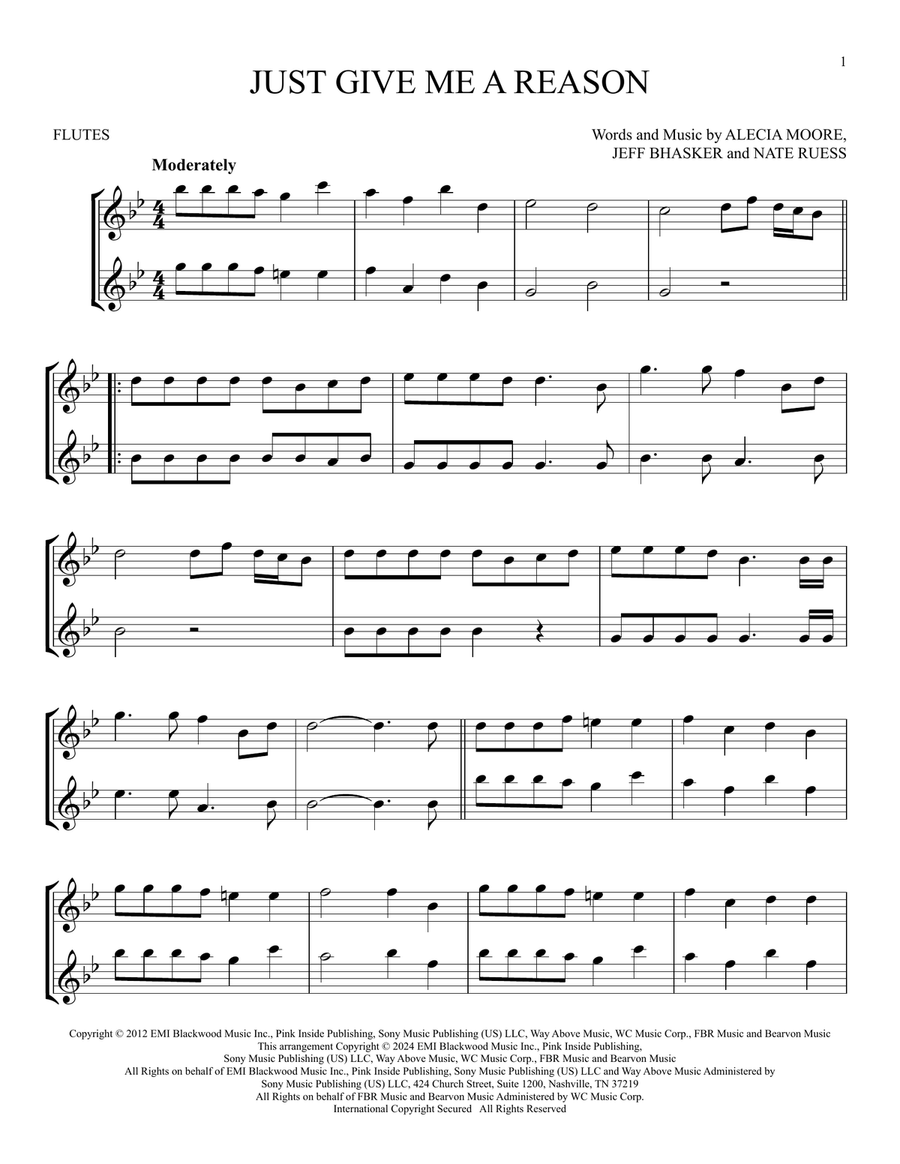 Just Give Me A Reason (feat. Nate Ruess) Flute Duet scores gallery preview page 1