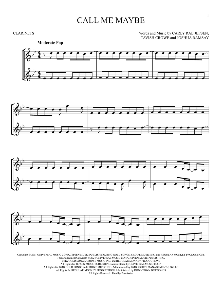 Call Me Maybe Call Me Maybe Clarinet Duet scores gallery preview page 1