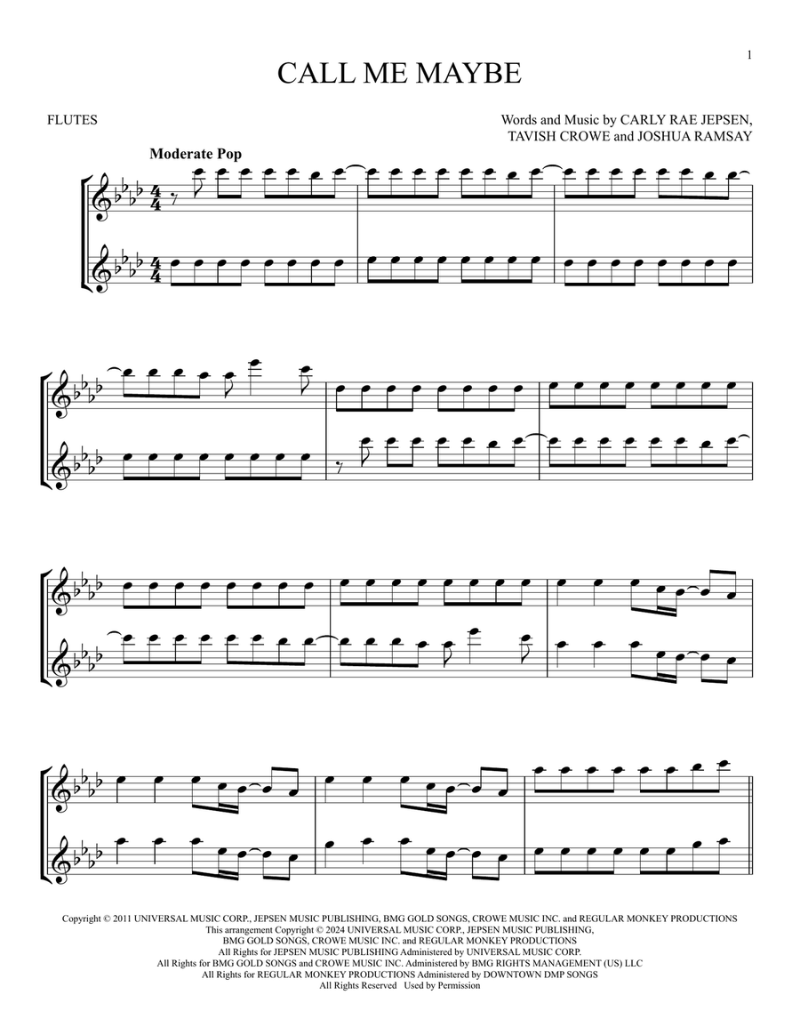 Call Me Maybe Call Me Maybe Flute Duet scores gallery preview page 1
