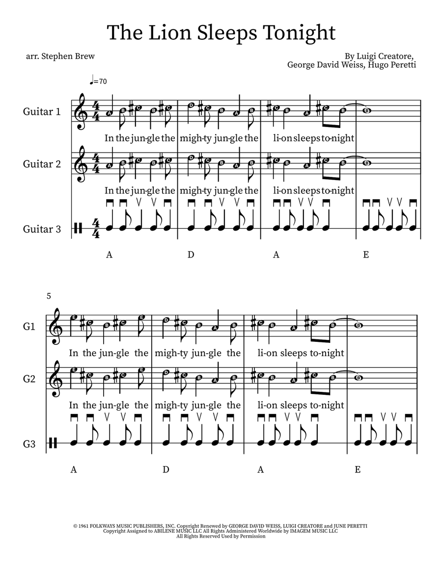 The Lion Sleeps Tonight The Lion Sleeps Tonight Guitar Ensemble scores gallery preview page 1