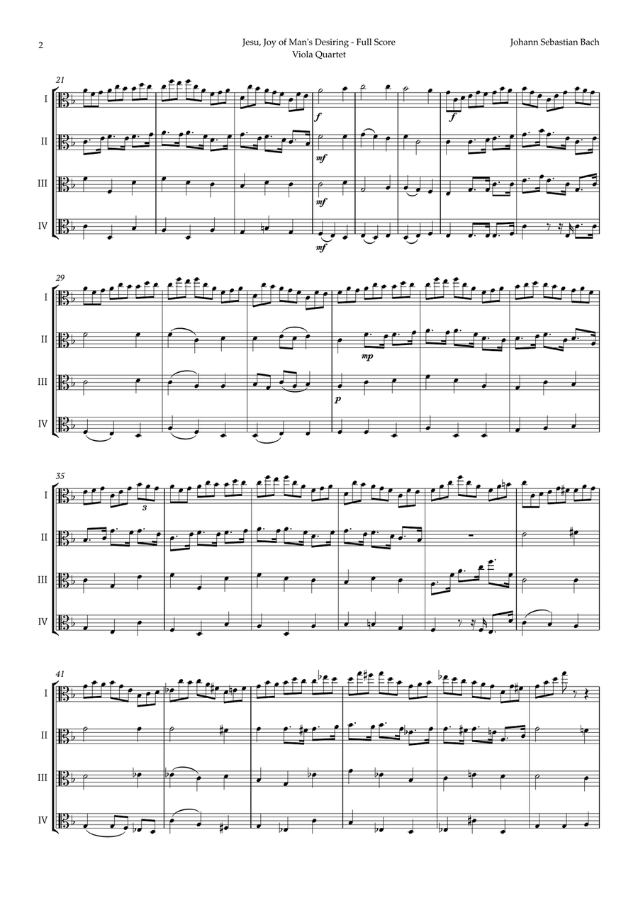 Jesu, Joy of Man's Desiring by Bach for Viola Quartet String Quartet scores gallery preview page 2
