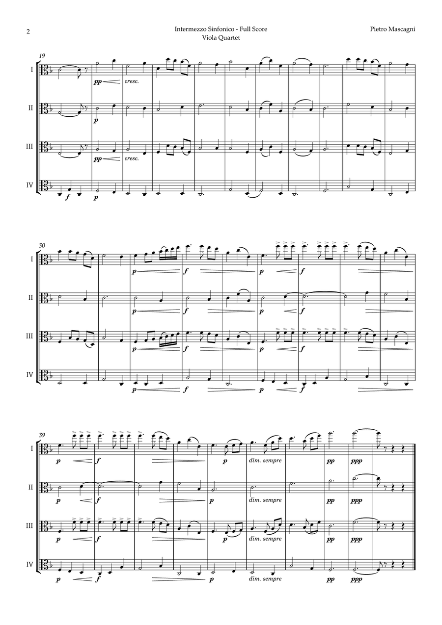 Intermezzo Sinfonico by Pietro Mascagni for Viola Quartet String Quartet scores gallery preview page 2