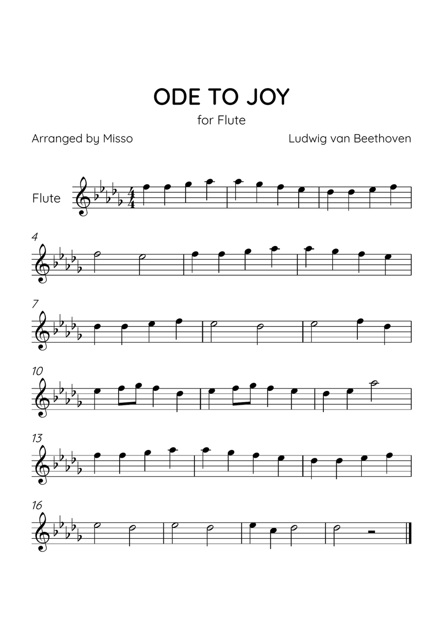 Ode to Joy - Flute in Db Major - Beginner Level - Sheet Music Flute Solo scores gallery preview page 1