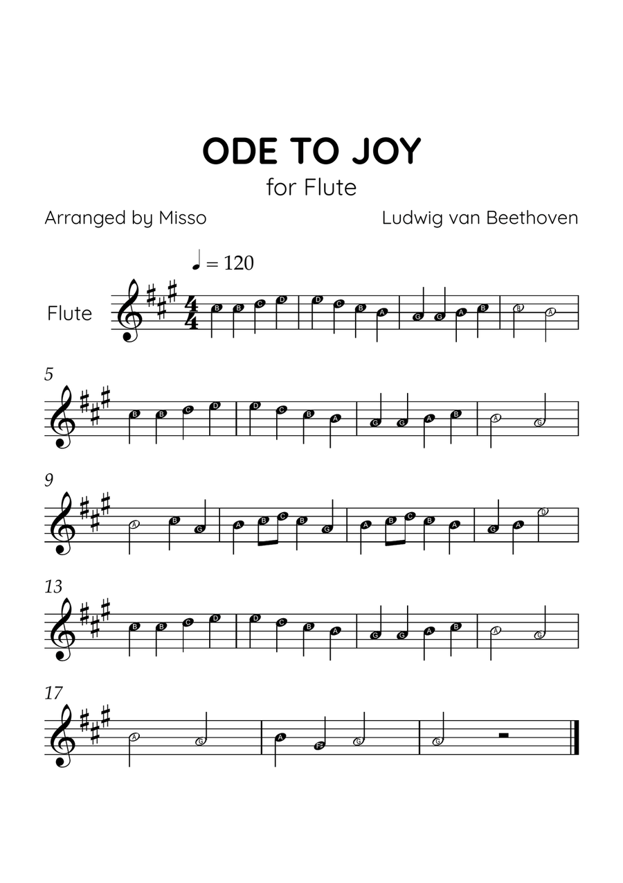 Ode to Joy - Flute in A Major - Beginner Level Letter Names - Sheet Music Flute Solo scores gallery preview page 1