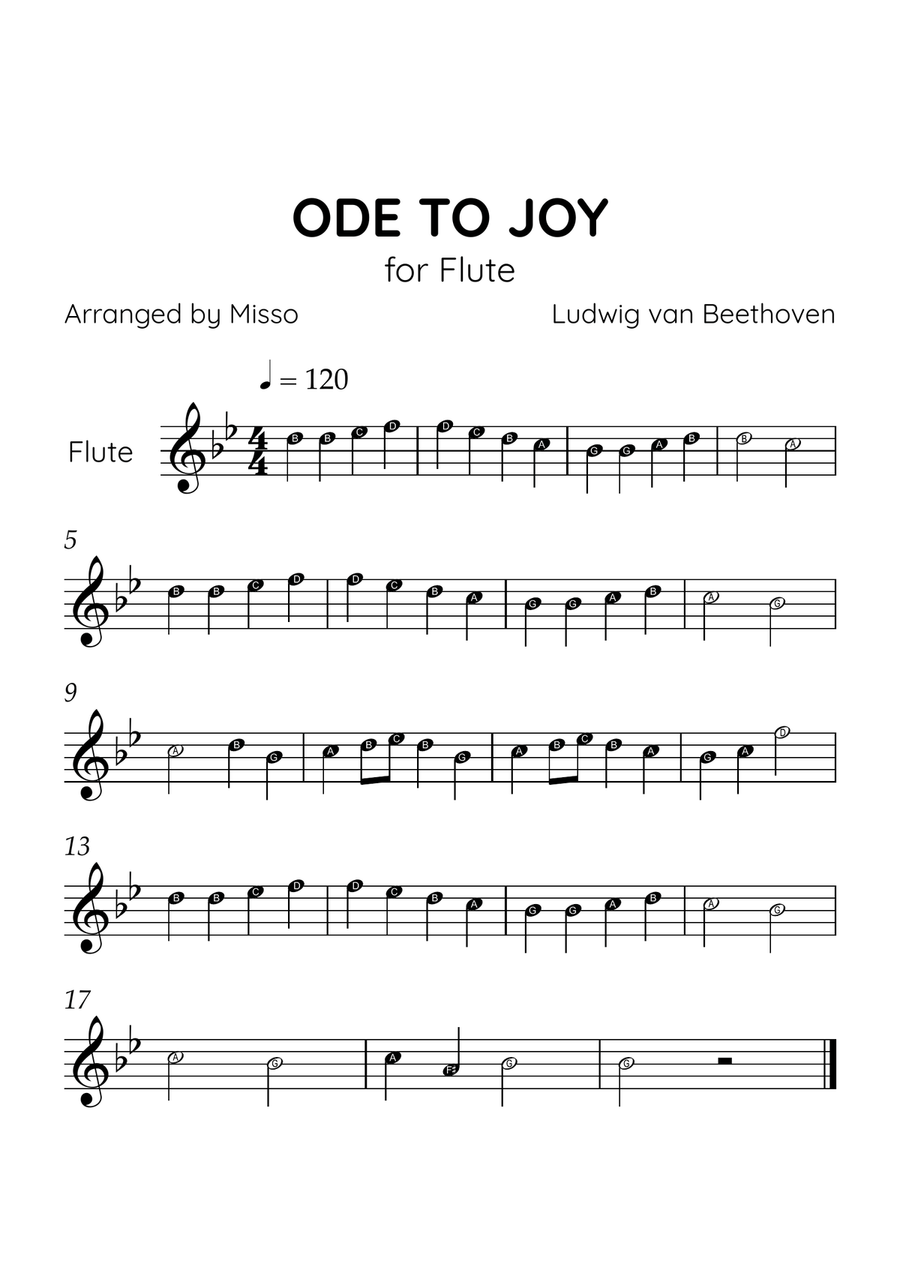 Ode to Joy - Flute in Bb Major - Beginner Level Letter Names - Sheet Music Flute Solo scores gallery preview page 1