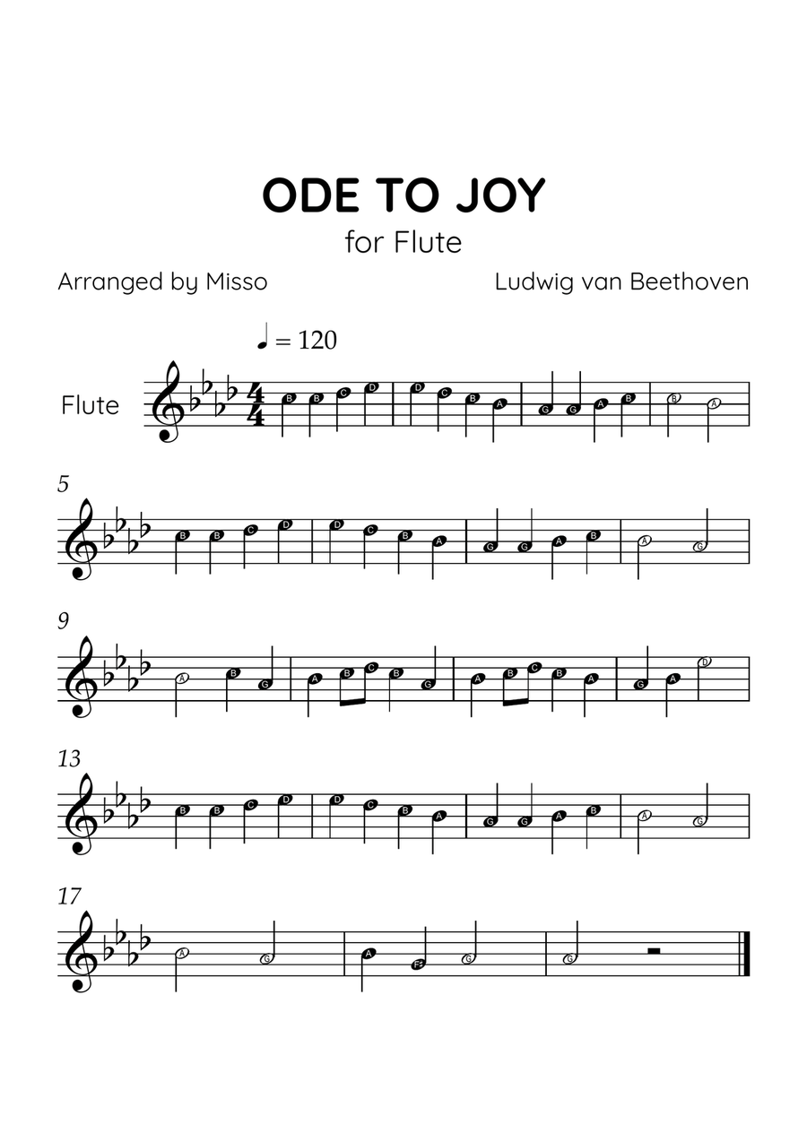 Ode to Joy - Flute in Ab Major - Beginner Level Letter Names - Sheet Music Flute Solo scores gallery preview page 1