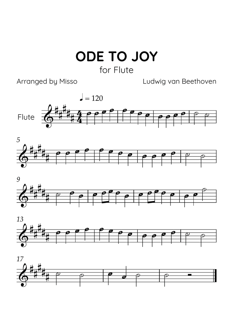Ode to Joy - Flute in B Major - Beginner Level Letter Names - Sheet Music Flute Solo scores gallery preview page 1