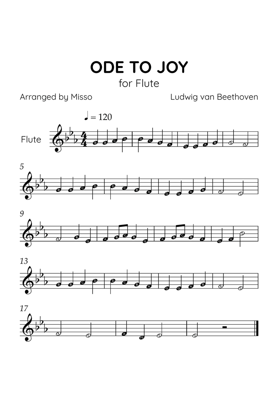 Ode to Joy - Flute in F Major - Beginner Level Letter Names - Sheet Music Flute Solo scores gallery preview page 1