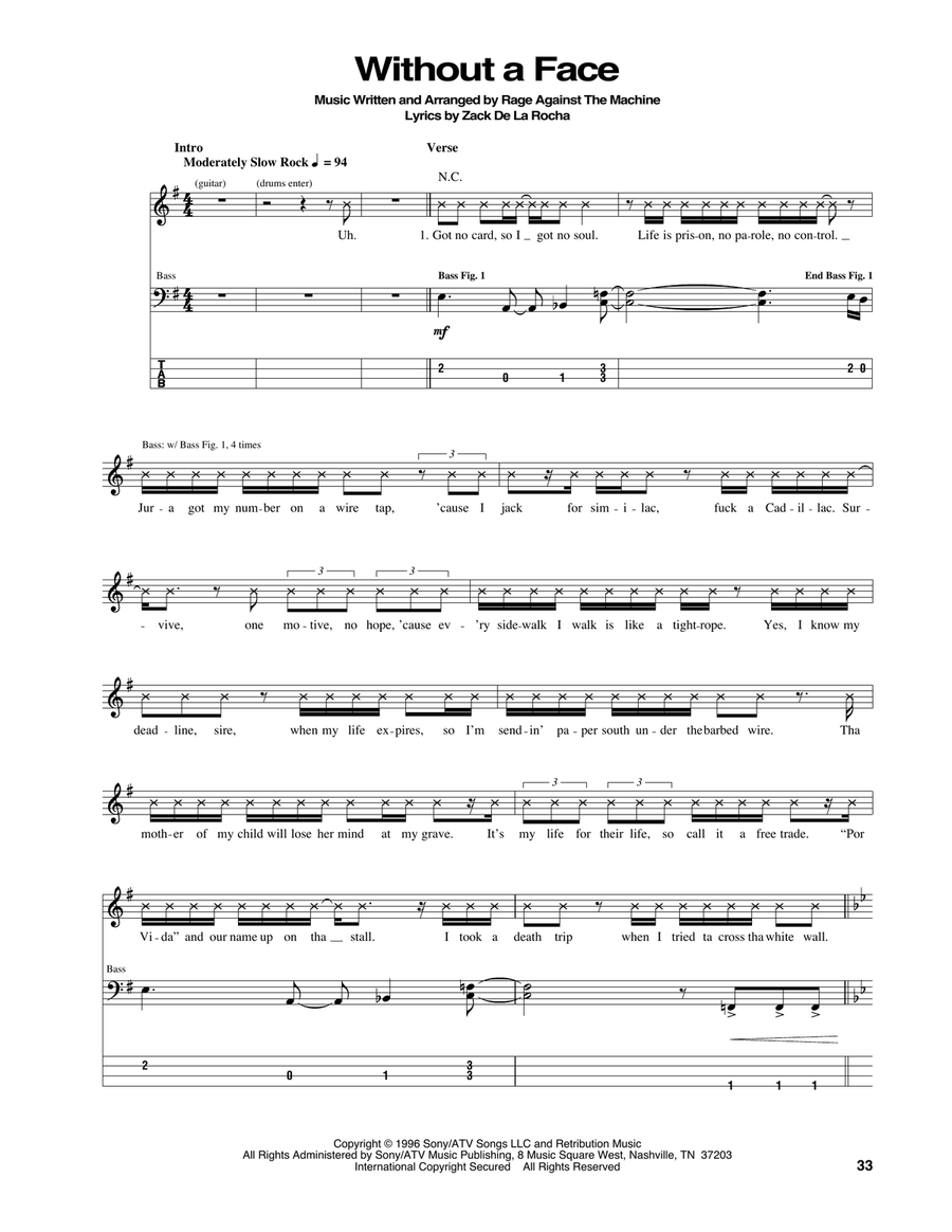 Without A Face Without A Face Bass Guitar Tablature scores gallery preview page 1