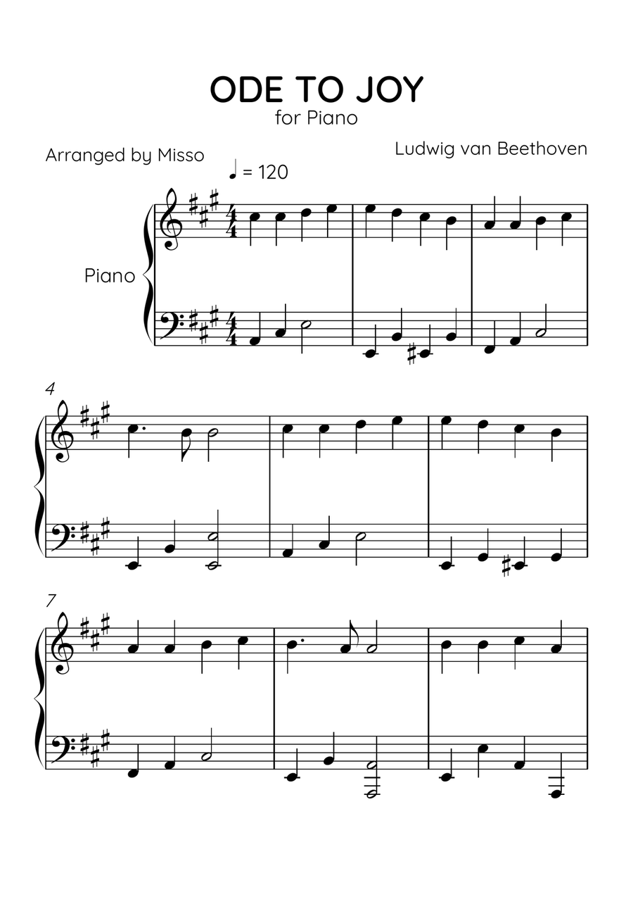 Ode to Joy - Piano Solo in A Major - Easy Level - Sheet Music Easy Piano scores gallery preview page 1