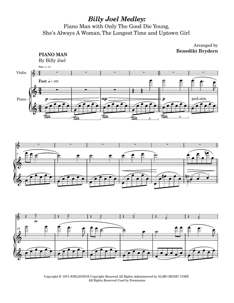 Medley: Piano Man with Only The Good Die Young, She's Always A Woman, The Longest Time, and Uptow... Violin Solo scores gallery preview page 2