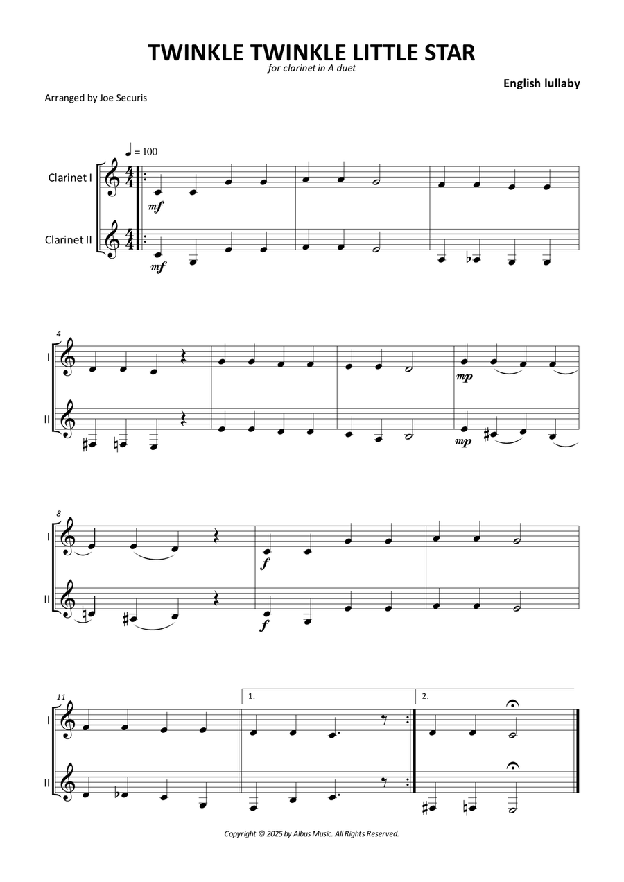 Twinkle Twinkle Little Star Clarinet Duet scores gallery preview page 1