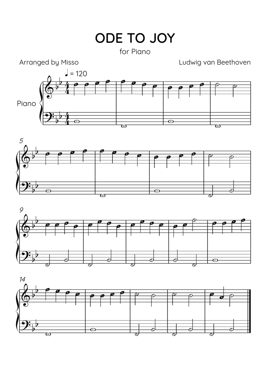 Ode to Joy - Piano Solo in Bb Major - Beginner Level Letter Names - Sheet Music Easy Piano scores gallery preview page 1