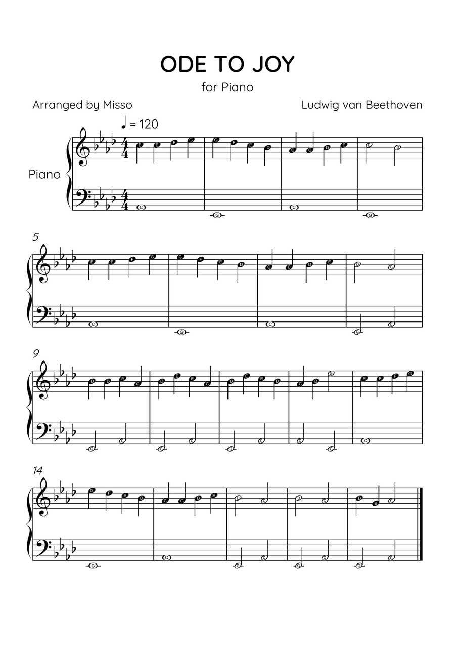 Ode to Joy - Piano Solo in Ab Major - Beginner Level Letter Names - Sheet Music Easy Piano scores gallery preview page 1