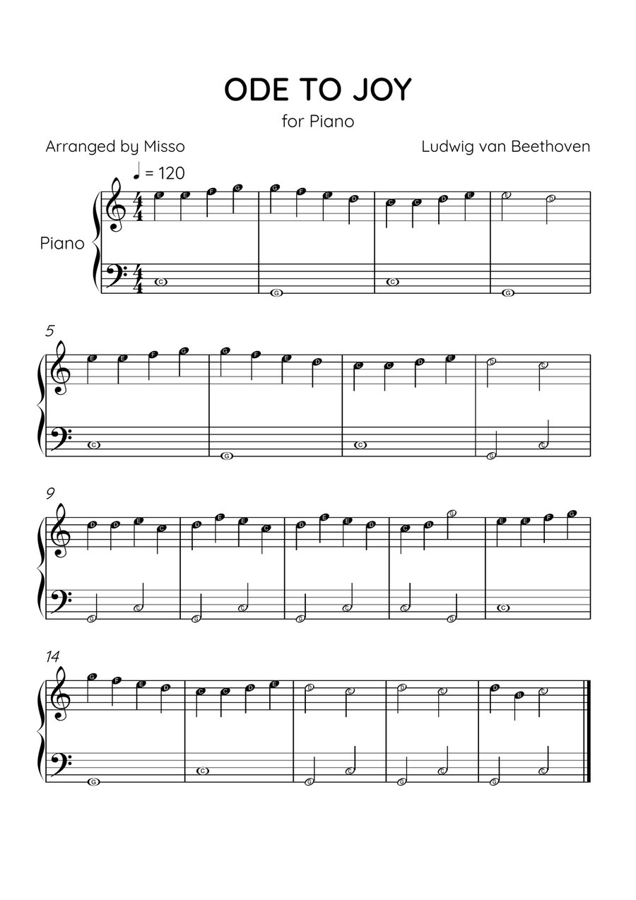 Ode to Joy - Piano Solo in C Major - Beginner Level Letter Names - Sheet Music Easy Piano scores gallery preview page 1
