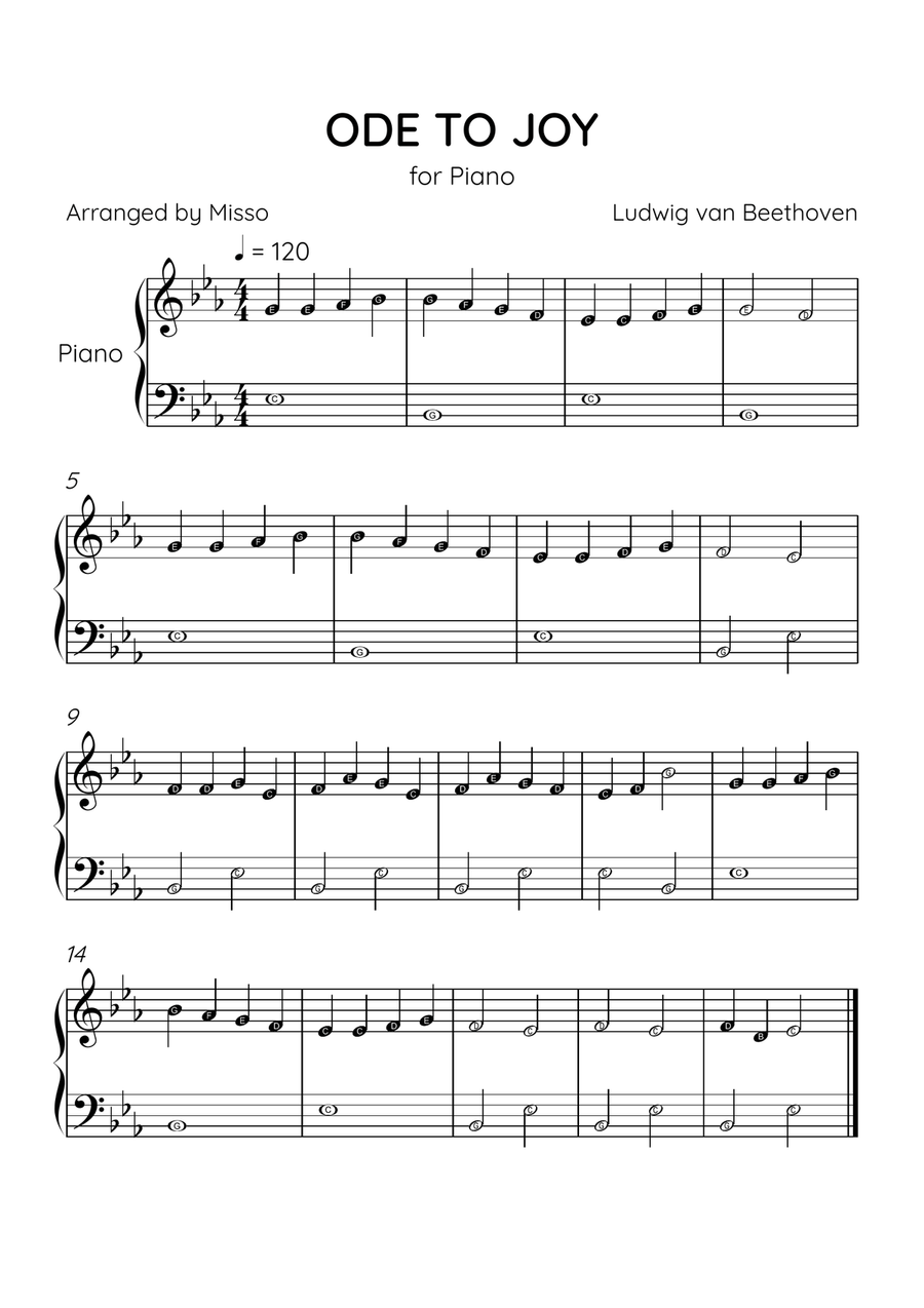 Ode to Joy - Piano Solo in Eb Major - Beginner Level Letter Names - Sheet Music Easy Piano scores gallery preview page 1