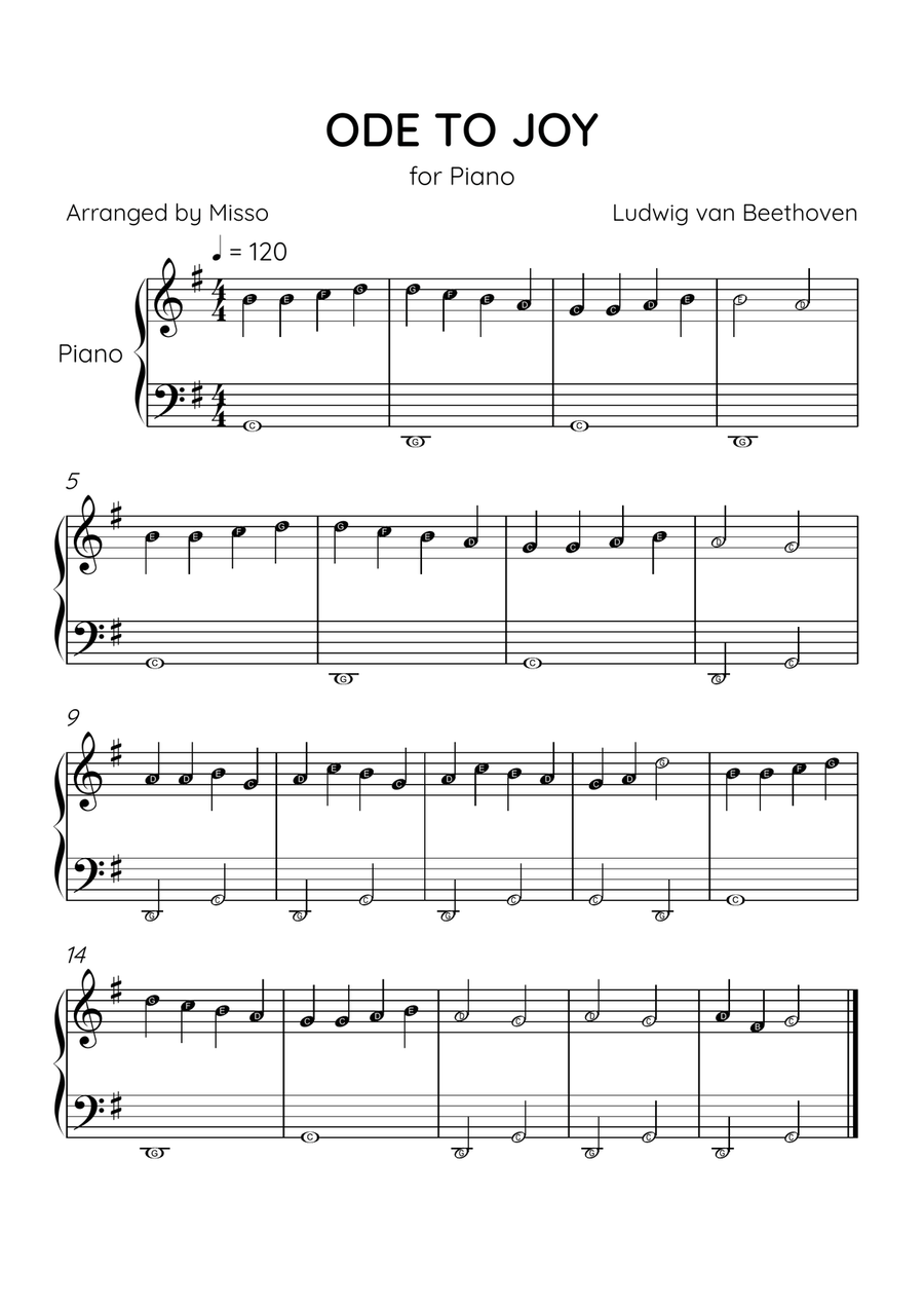Ode to Joy - Piano Solo in G Major - Beginner Level Letter Names - Sheet Music Easy Piano scores gallery preview page 1