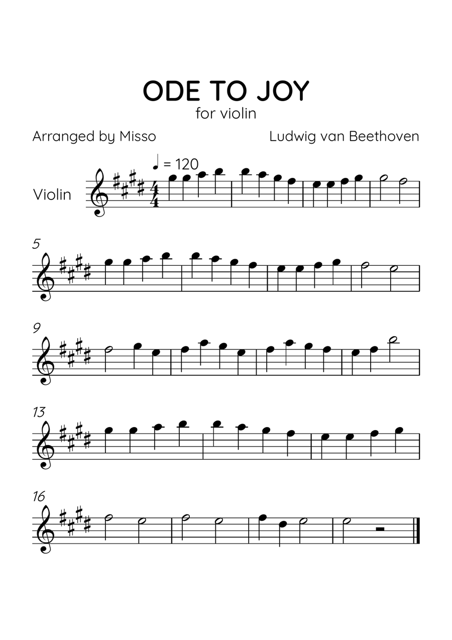 Ode to Joy - Violin Solo in E Major - Beginner Level - Sheet Music Violin Solo scores gallery preview page 1