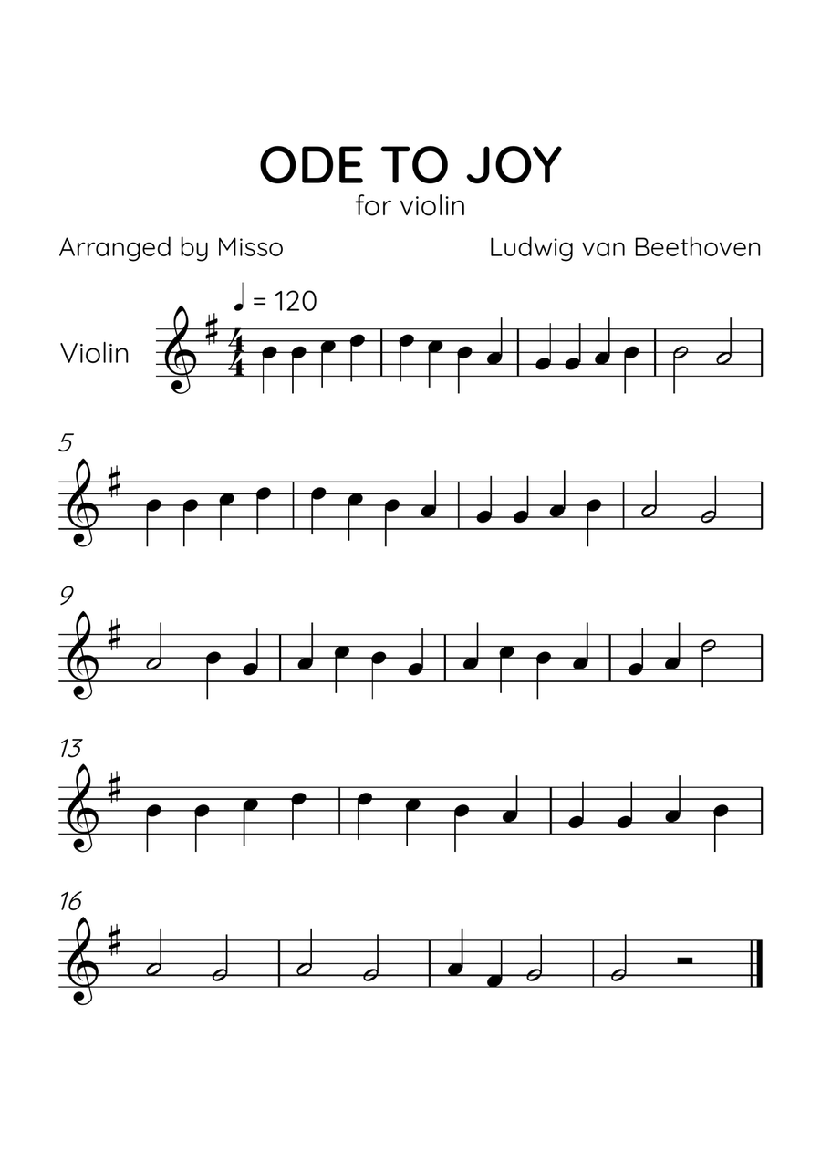 Ode to Joy - Violin Solo in G Major - Beginner Level - Sheet Music Violin Solo scores gallery preview page 1