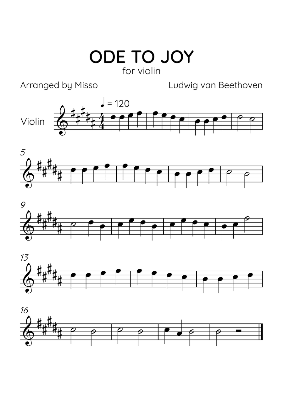 Ode to Joy - Violin Solo in B Major - Beginner Level Letter Names - Sheet Music Violin Solo scores gallery preview page 1