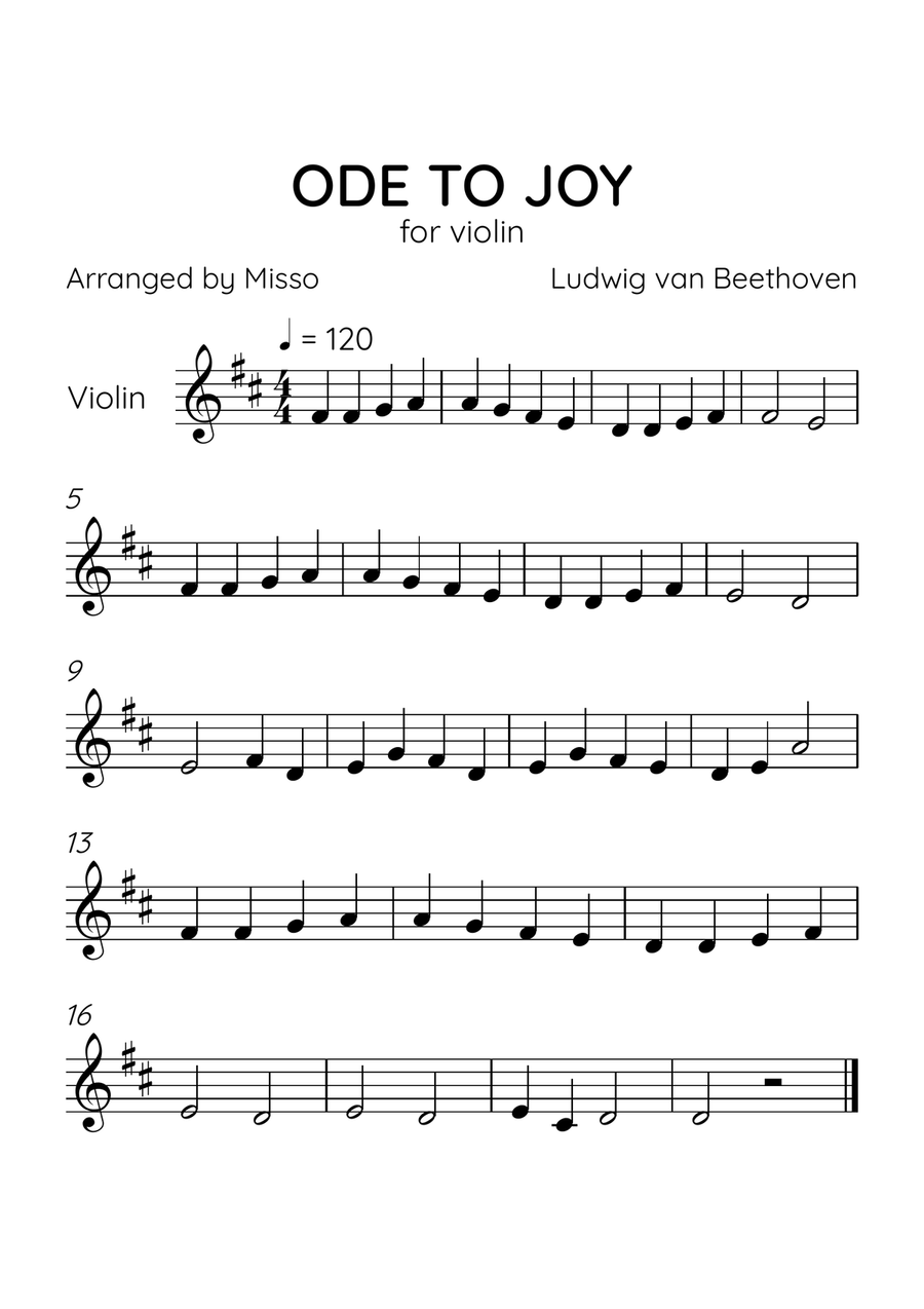 Ode to Joy - Violin Solo in D Major - Beginner Level Letter Names - Sheet Music Violin Solo scores gallery preview page 1