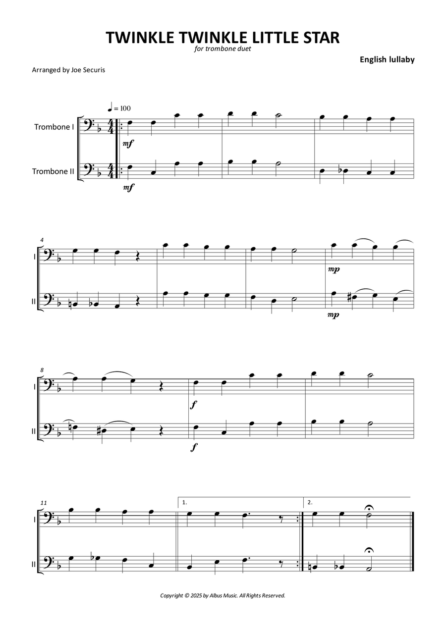 Twinkle Twinkle Little Star Trombone Duet scores gallery preview page 1