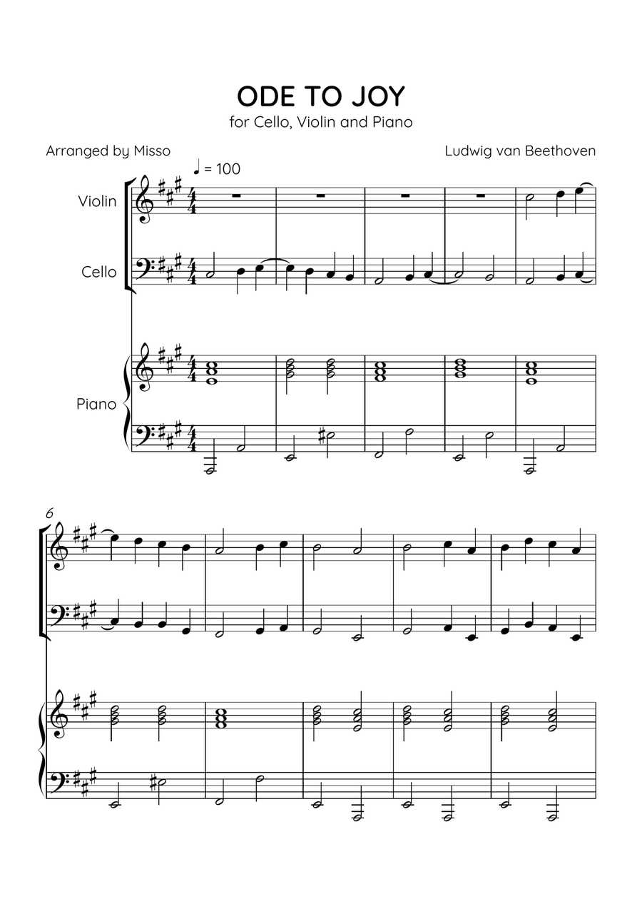 Ode to Joy - Violin, Cello and Piano in A Major - Beginner Level - Sheet Music Piano Trio scores gallery preview page 1