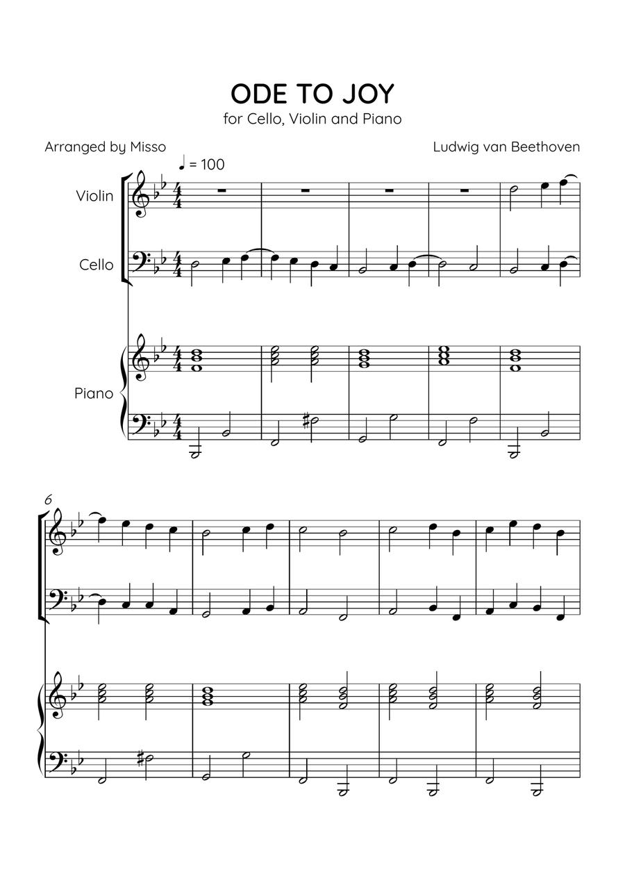 Ode to Joy - Violin, Cello and Piano in Bb Major - Beginner Level - Sheet Music Piano Trio scores gallery preview page 1
