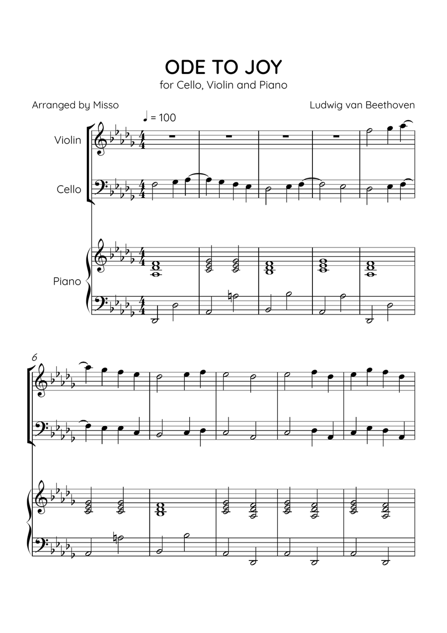 Ode to Joy - Violin, Cello and Piano in Db Major - Beginner Level - Sheet Music Piano Trio scores gallery preview page 1