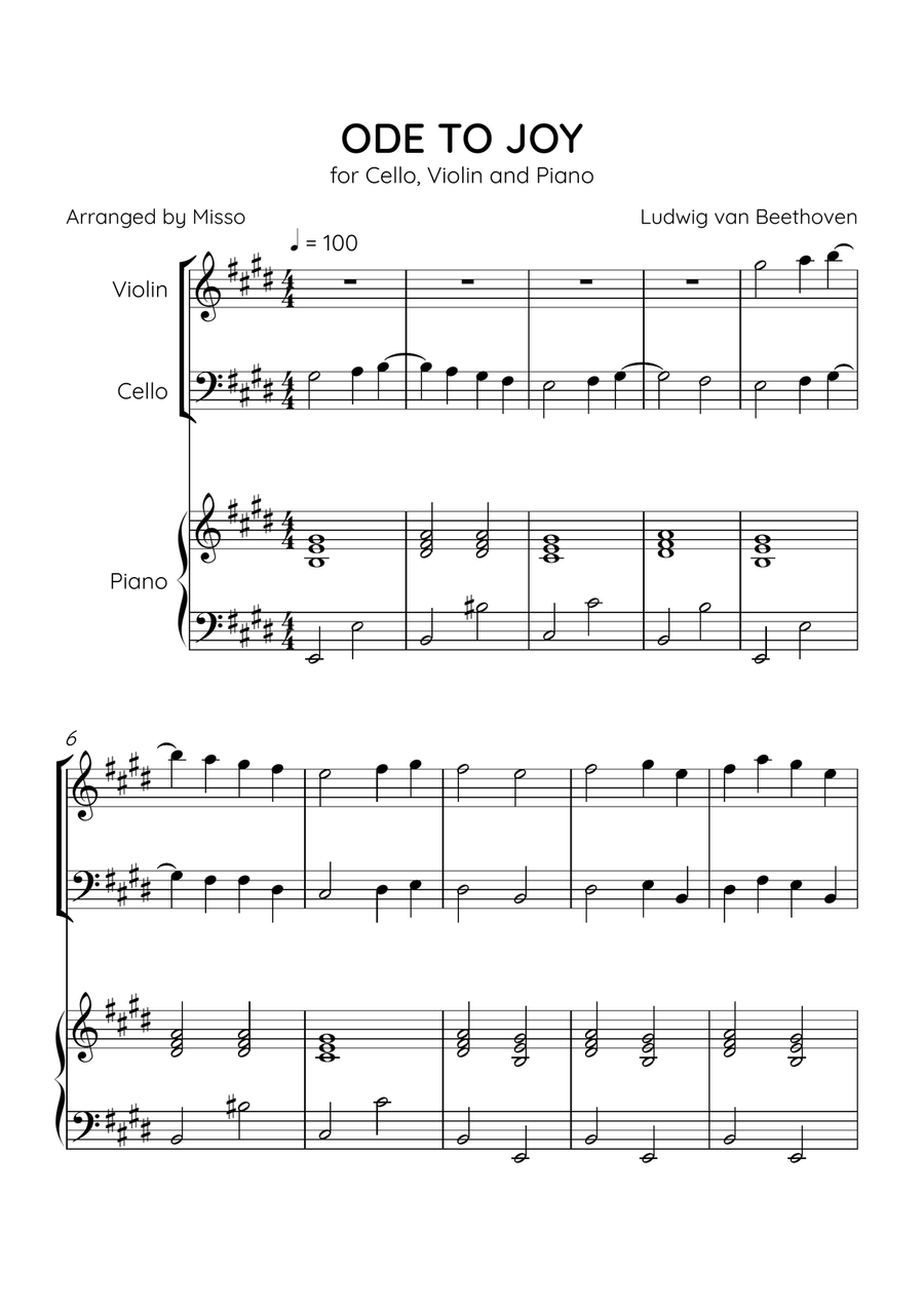 Ode to Joy - Violin, Cello and Piano in E Major - Beginner Level - Sheet Music Piano Trio scores gallery preview page 1