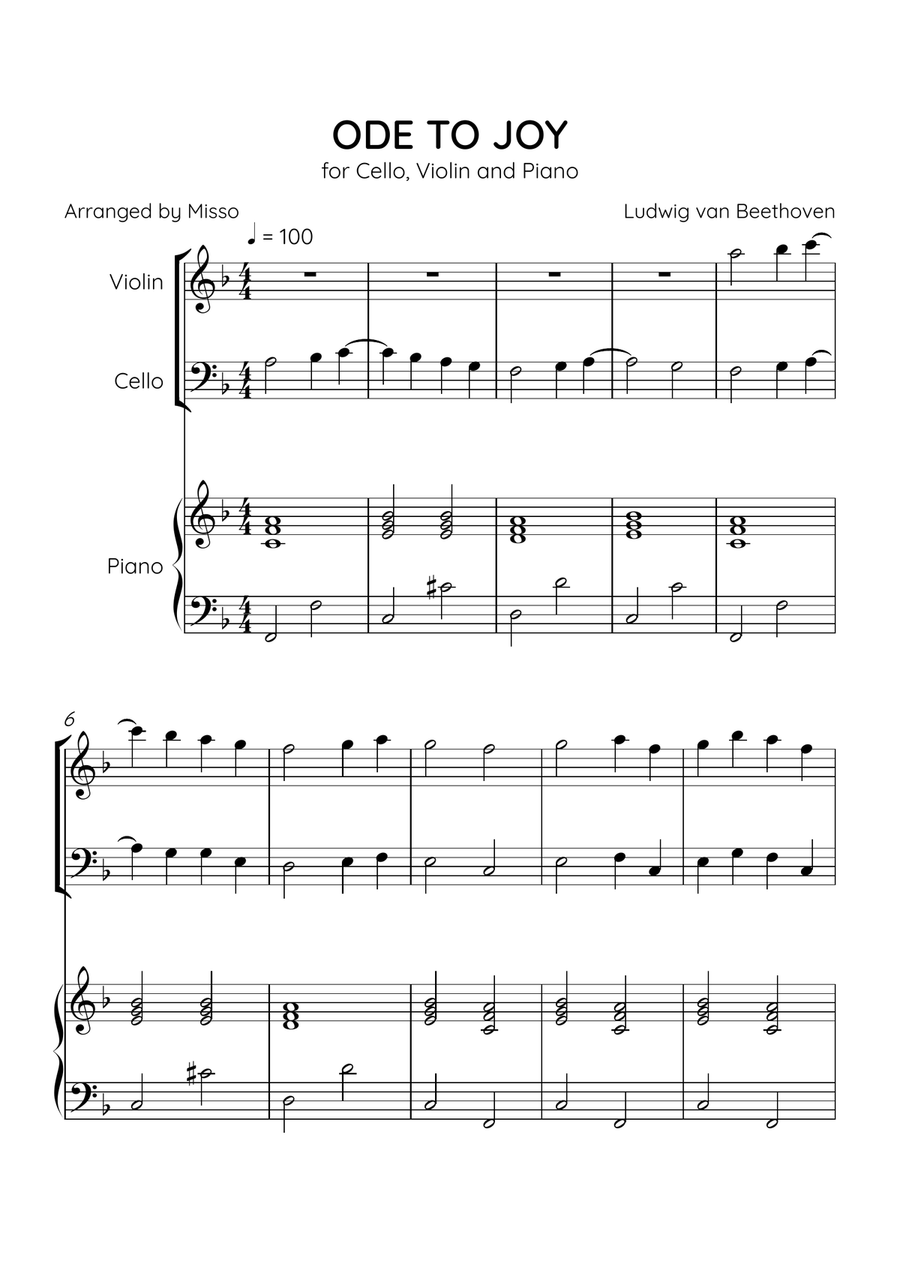 Ode to Joy - Violin, Cello and Piano in F Major - Beginner Level - Sheet Music Piano Trio scores gallery preview page 1