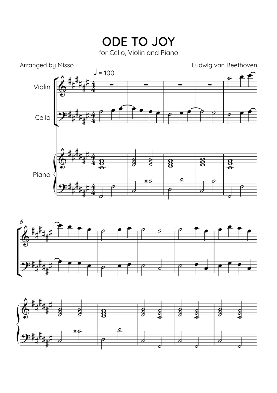 Ode to Joy - Violin, Cello and Piano in F# Major - Beginner Level - Sheet Music Piano Trio scores gallery preview page 1