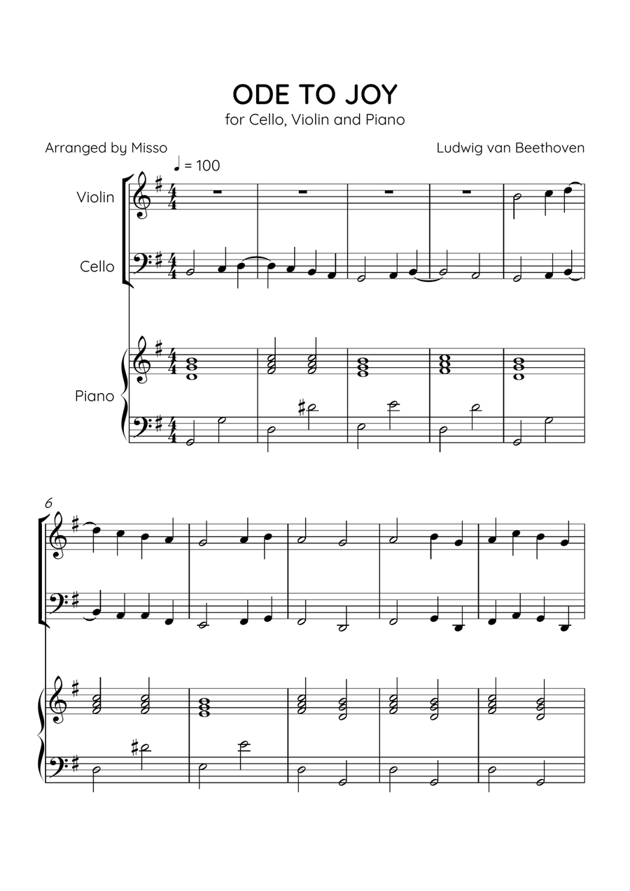 Ode to Joy - Violin, Cello and Piano in G Major - Beginner Level - Sheet Music Piano Trio scores gallery preview page 1
