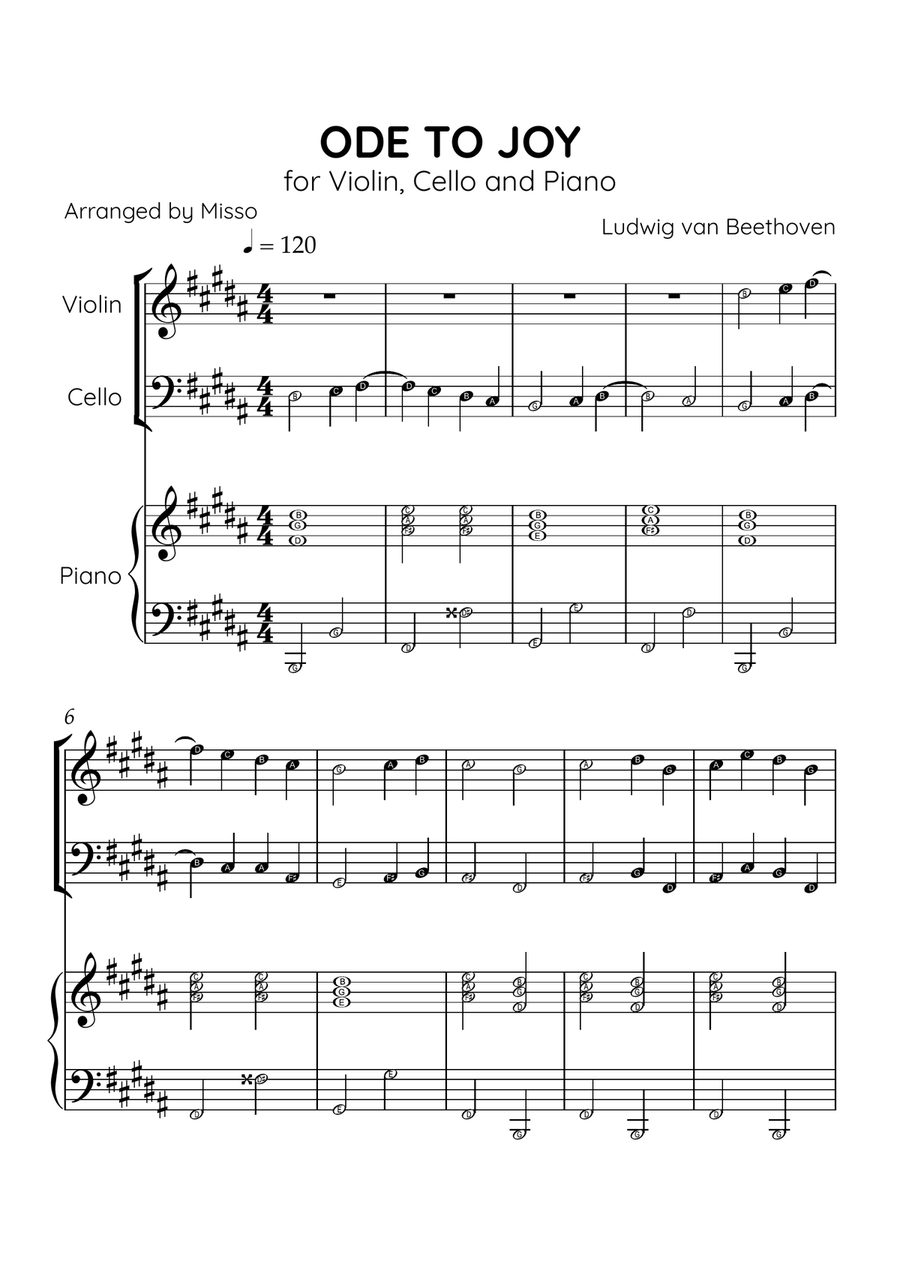 Ode to Joy - Violin, Cello and Piano in B Major - Beginner Level Letter Names - Sheet Music Piano Trio scores gallery preview page 1