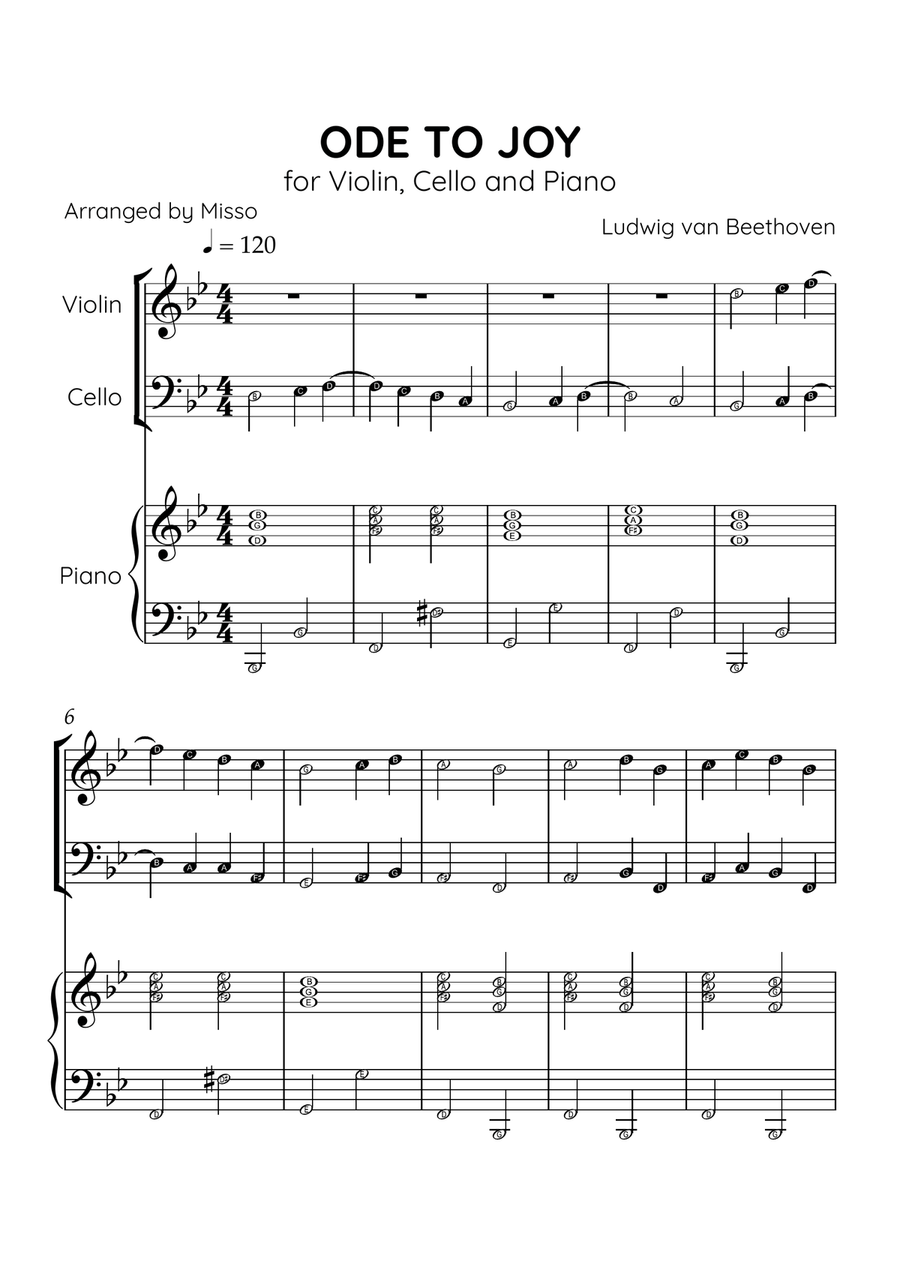 Ode to Joy - Violin and Cello in Bb Major - Beginner Level - Sheet Music String Duet scores gallery preview page 1