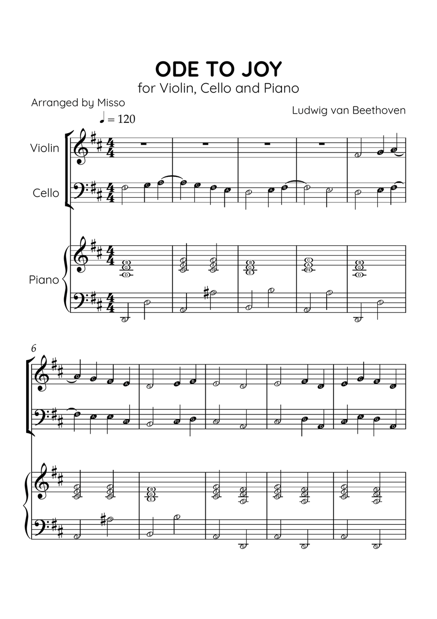 Ode to Joy - Violin and Cello in D Major - Beginner Level - Sheet Music String Duet scores gallery preview page 1