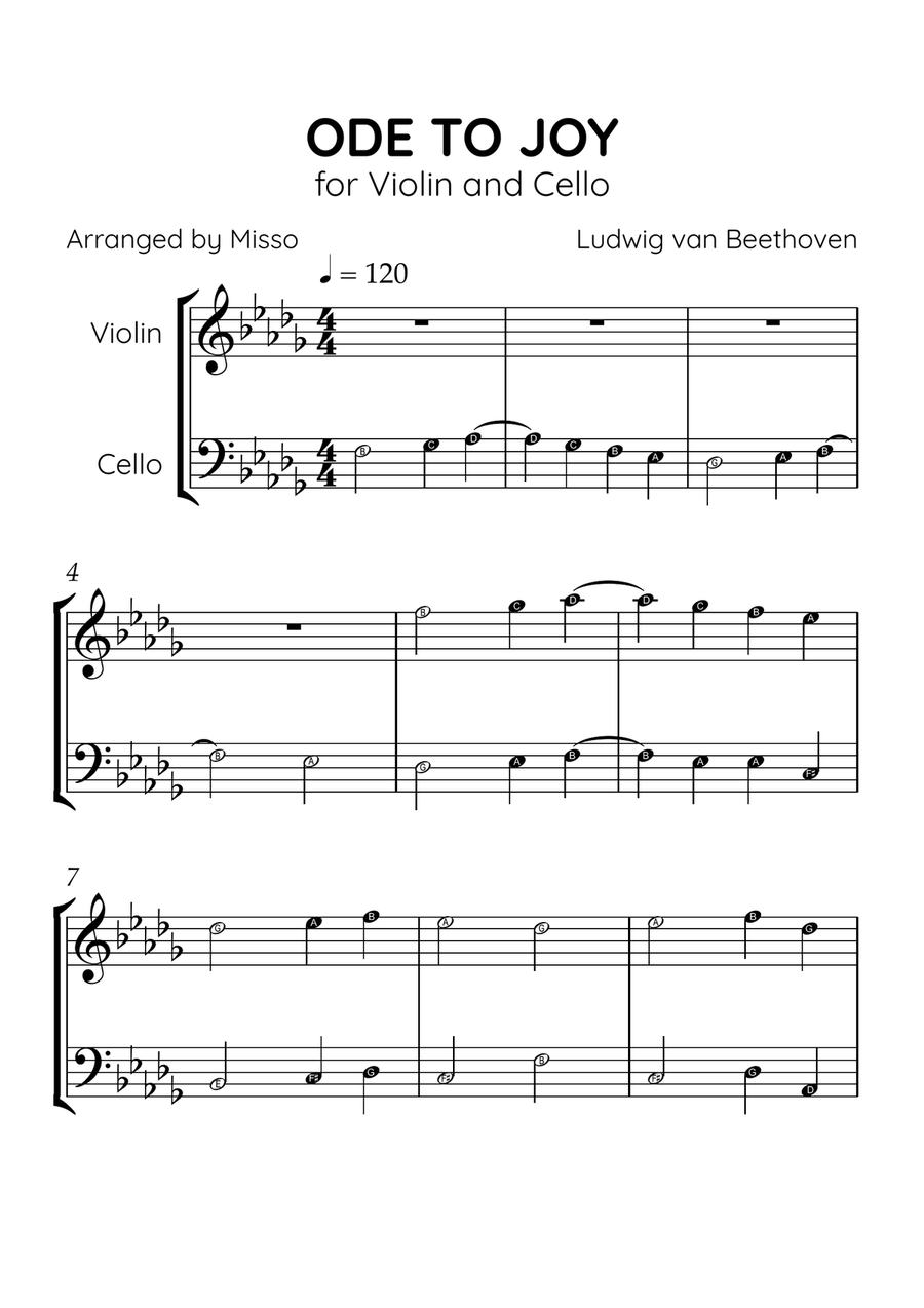 Ode to Joy - Violin and Cello in Db Major - Beginner Level Letter Names - Sheet Music String Duet scores gallery preview page 1