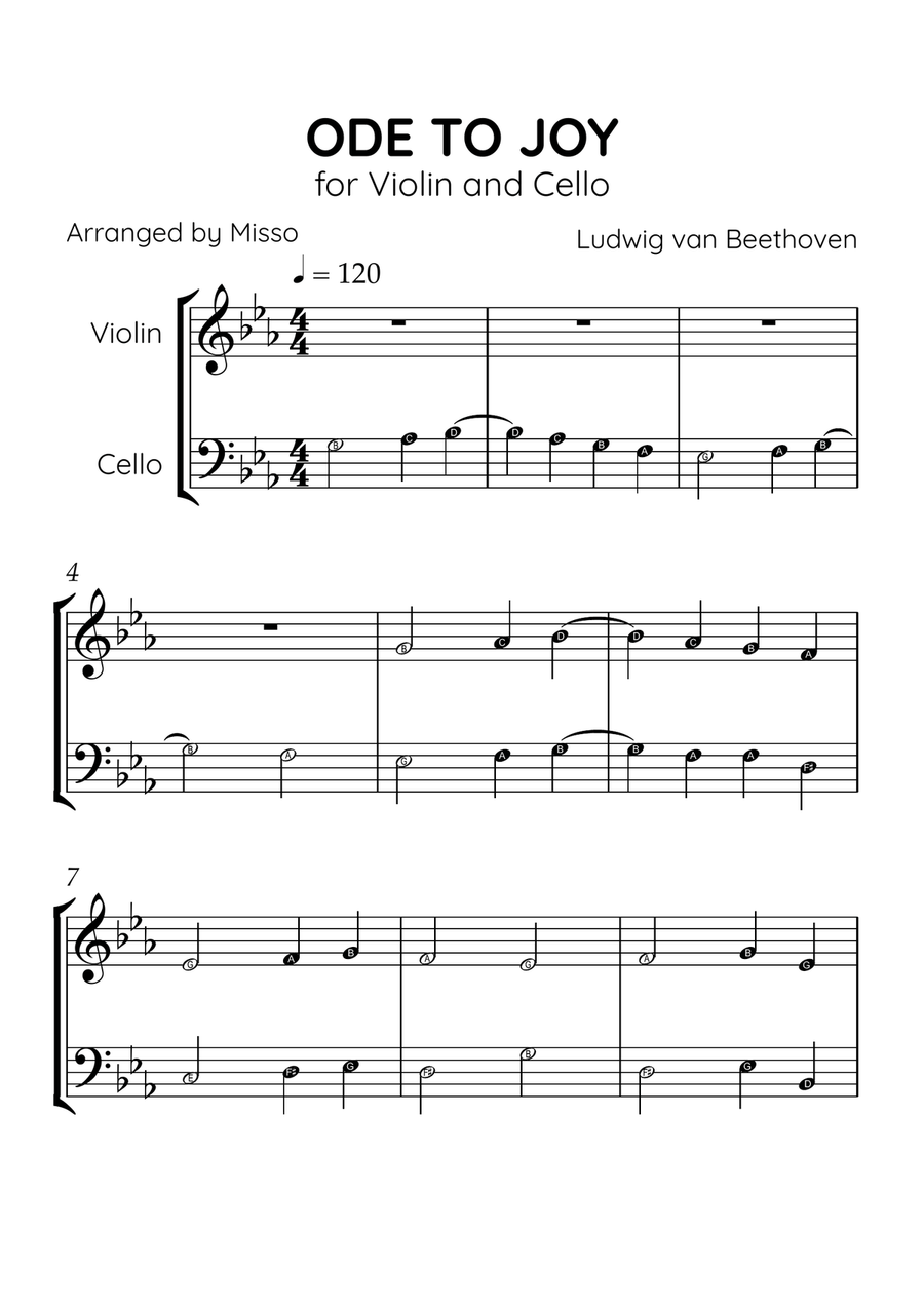 Ode to Joy - Violin and Cello in Eb Major - Beginner Level Letter Names - Sheet Music String Duet scores gallery preview page 1