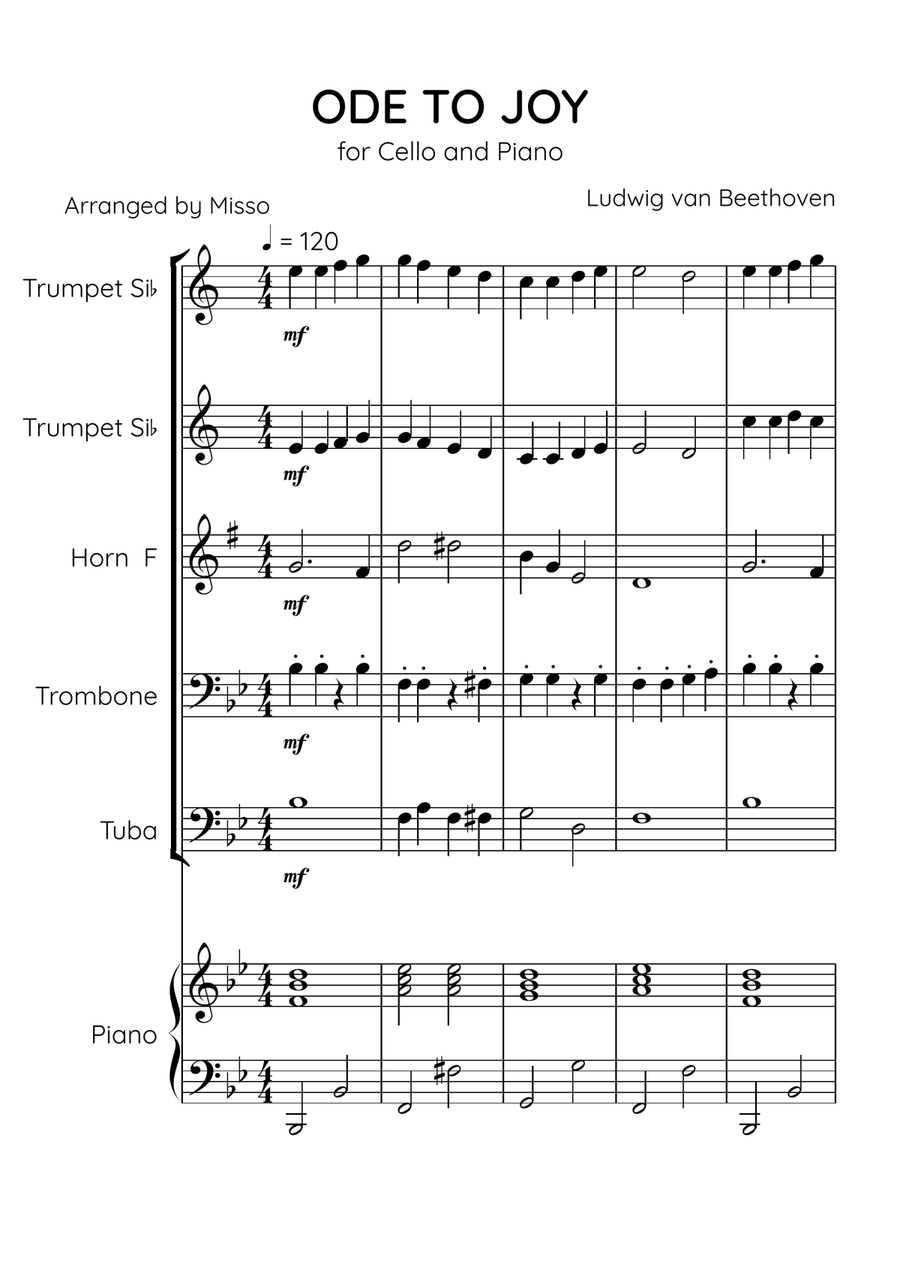 Ode To Joy - Brass Quintet and Piano in Bb Major - Beginner Level Brass Quintet scores gallery preview page 1