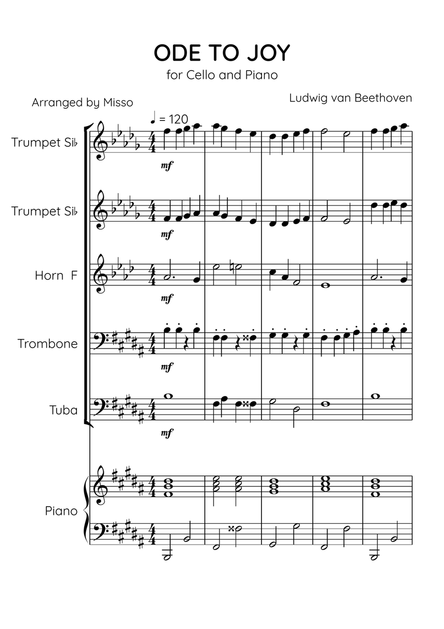 Ode To Joy - Brass Quintet and Piano in B Major - Beginner Level Brass Quintet scores gallery preview page 1