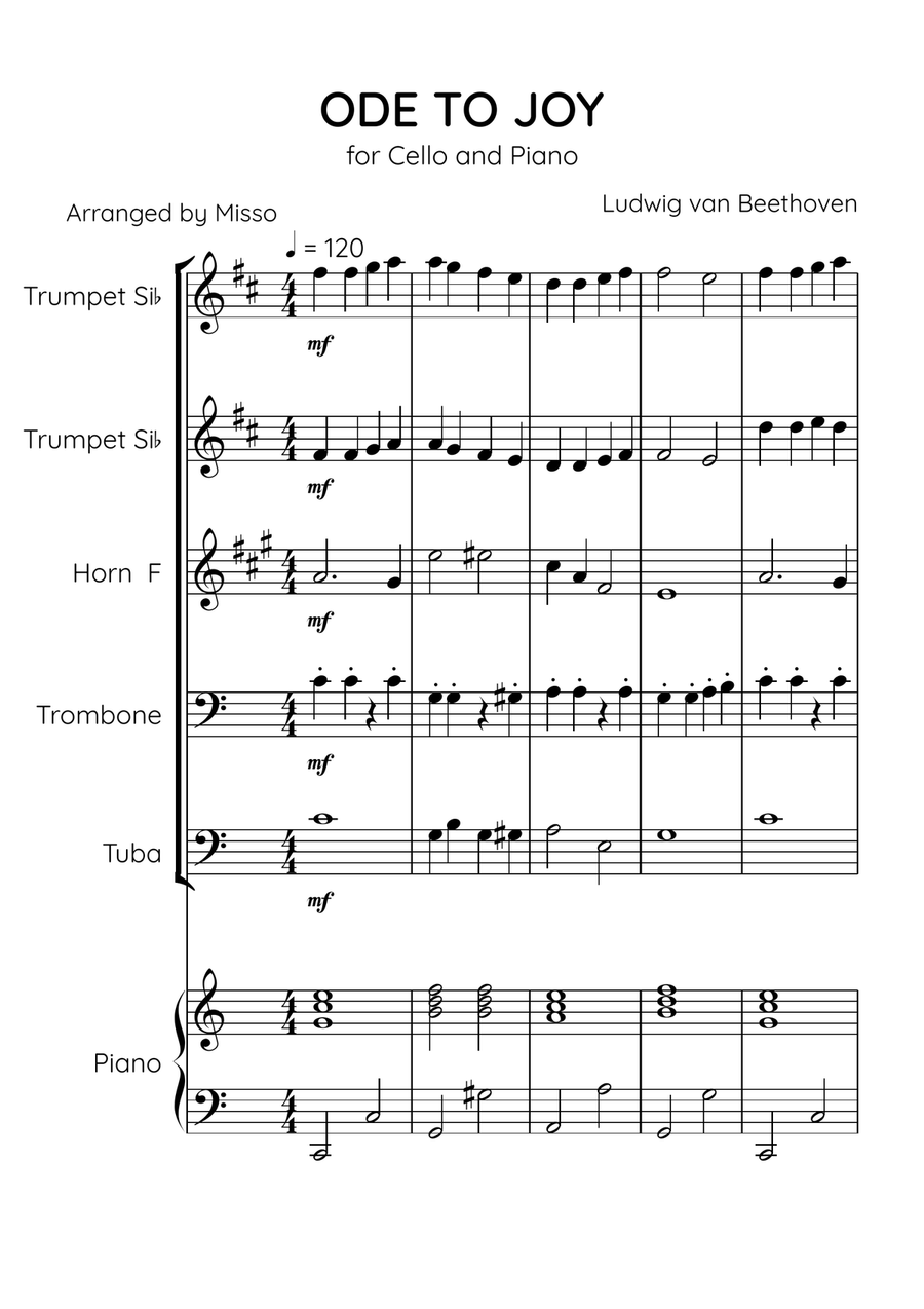 Ode To Joy - Brass Quintet and Piano in C Major - Beginner Level Brass Quintet scores gallery preview page 1