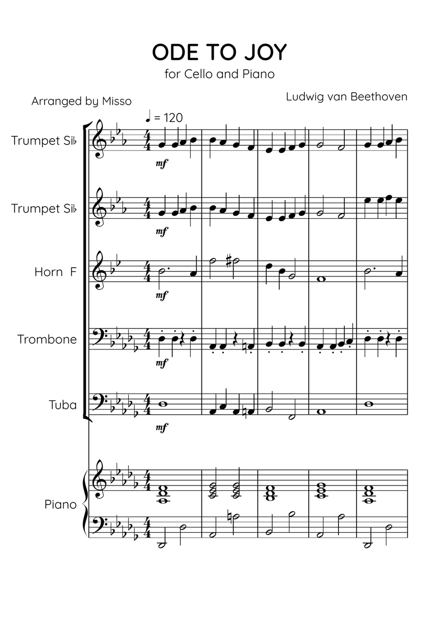 Ode To Joy - Brass Quintet and Piano in Db Major - Beginner Level Brass Quintet scores gallery preview page 1