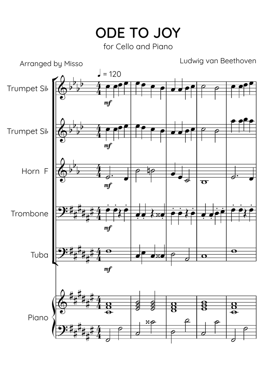 Ode To Joy - Brass Quintet and Piano in F# Major - Beginner Level Brass Quintet scores gallery preview page 1