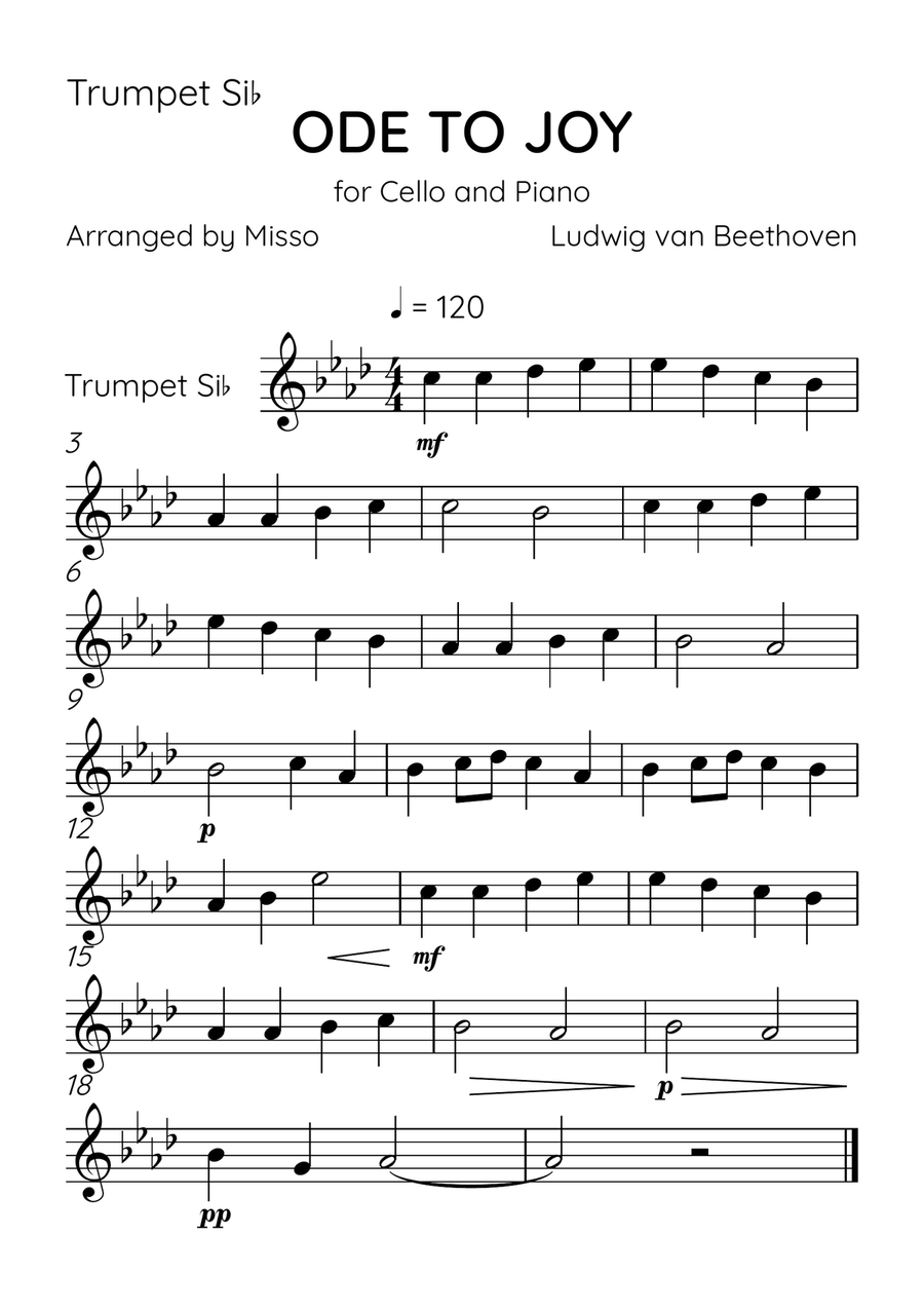 Ode To Joy - Brass Quintet and Piano in F# Major - Beginner Level Brass Quintet scores gallery preview page 5