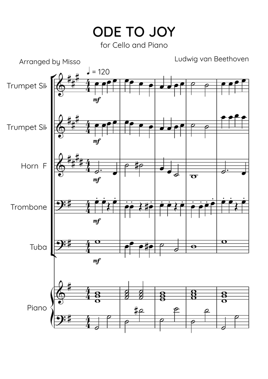 Ode To Joy - Brass Quintet and Piano in G Major - Beginner Level Brass Quintet scores gallery preview page 1