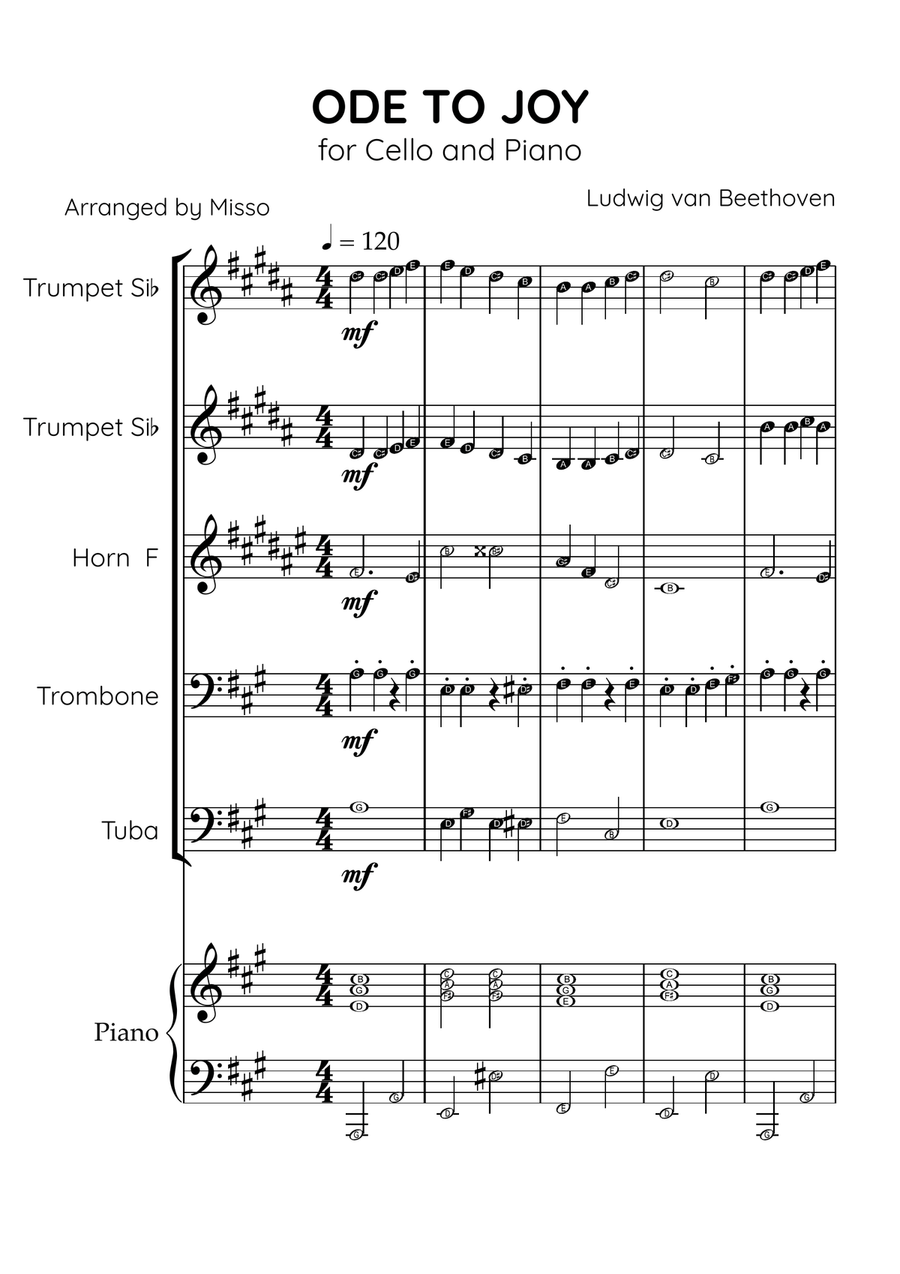 Ode To Joy - Brass Quintet and Piano in A Major - Beginner Level Letter Names Brass Quintet scores gallery preview page 1