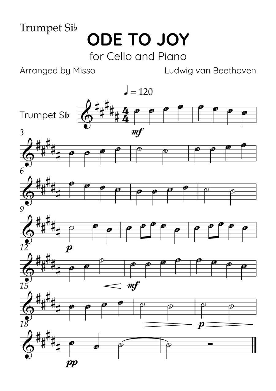 Ode To Joy - Brass Quintet and Piano in A Major - Beginner Level Letter Names Brass Quintet scores gallery preview page 5